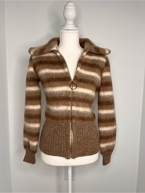 Vintage Icewool 100% Artic wool Striped Brown Zip-Up Women's Sweater with Collar